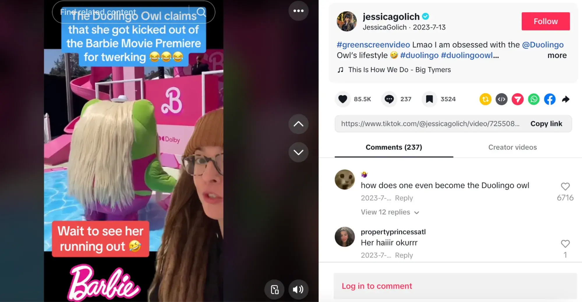 influencer jessica golich creating stitch with duolingo on barbie movie premiere — earned media value example