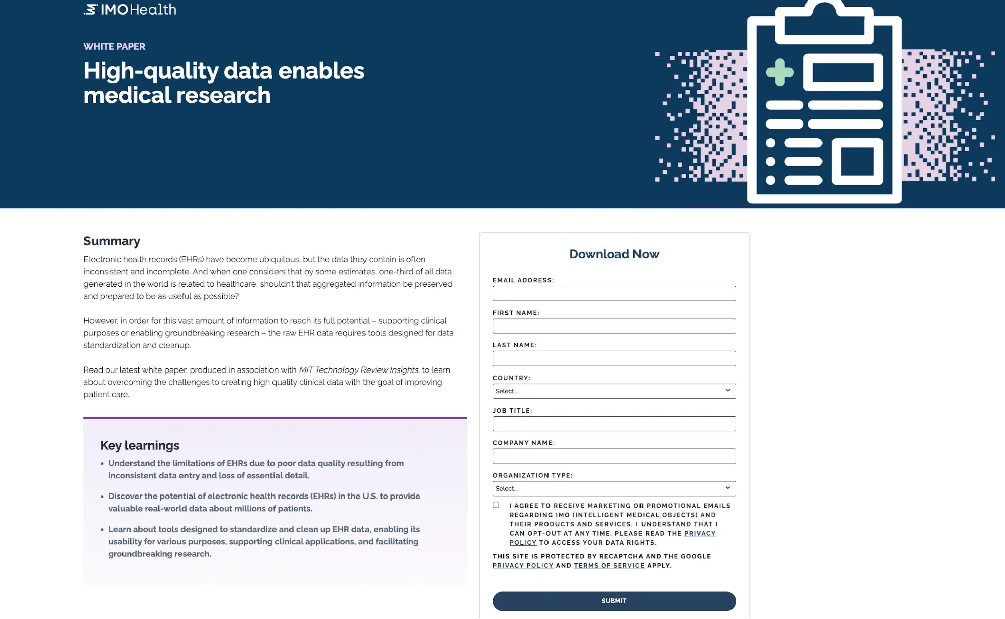 screenshot of a gated content landing page for an imo health white paper entitled “high-quality data enables medical research.”https://go.imohealth.com/ct-na-230525-mit_landingpage.html