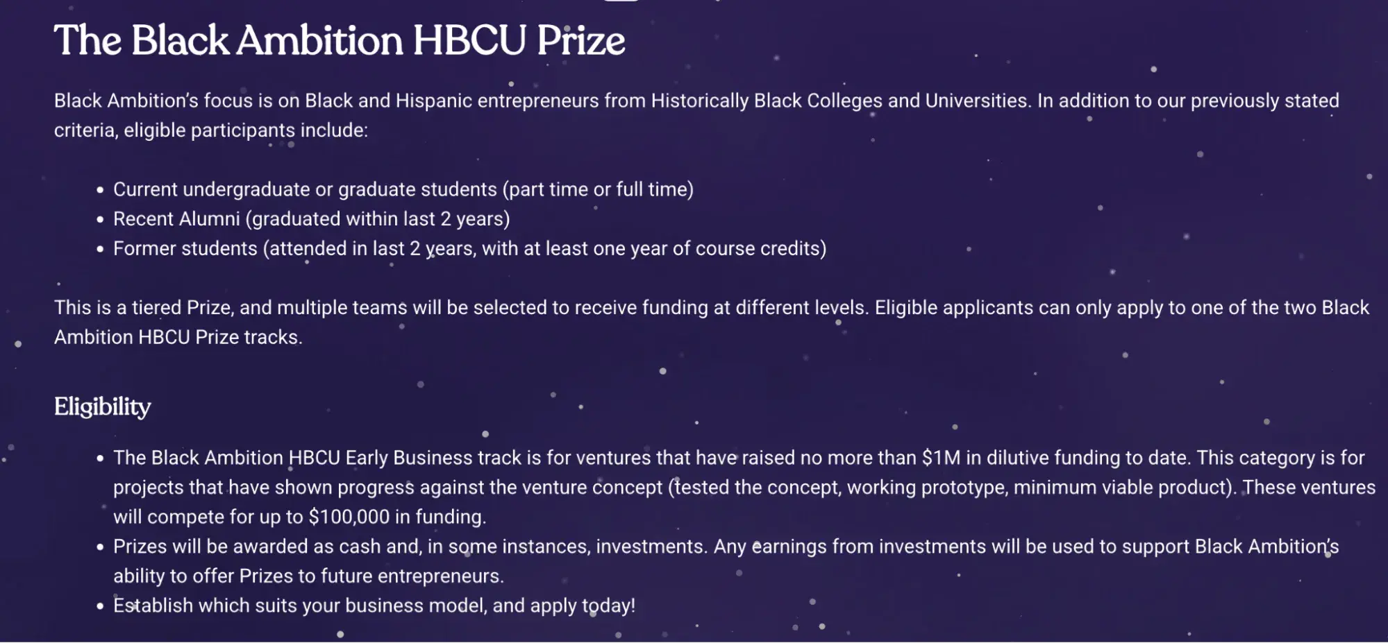 a screenshot of the black ambition HBCU prize grant homepage with information about the quote