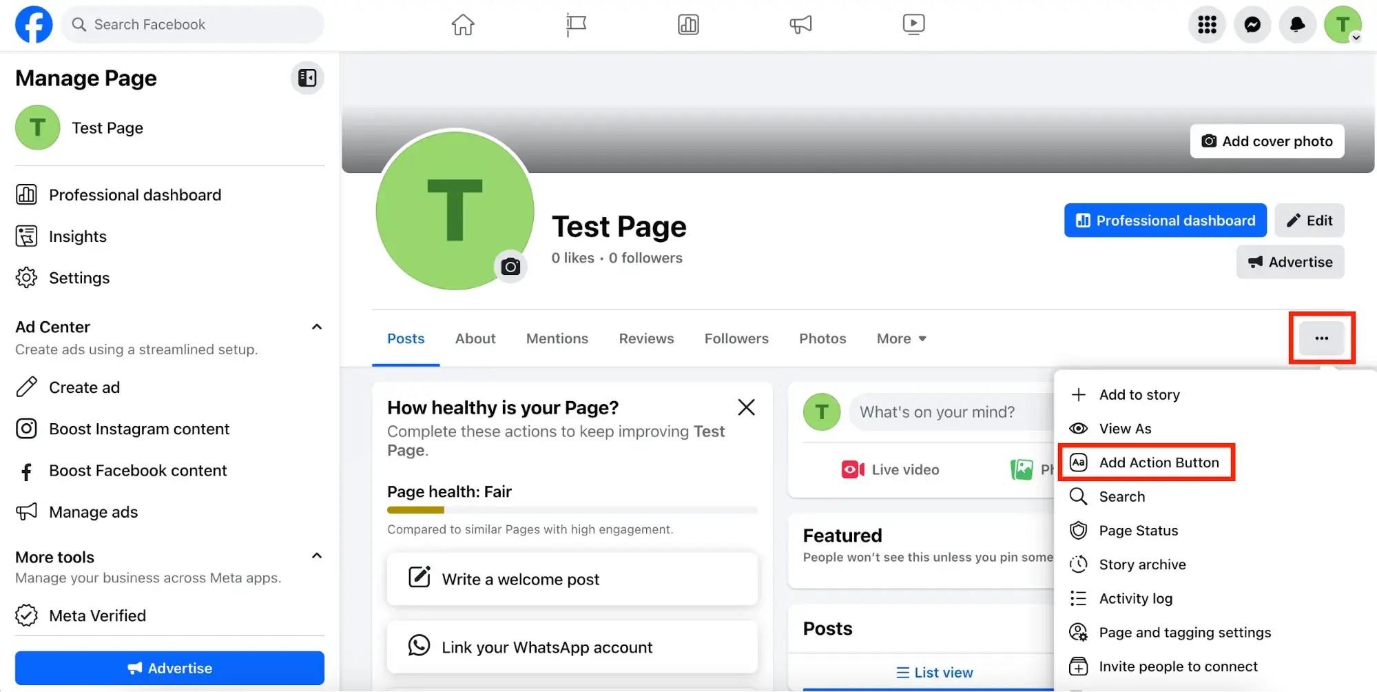 facebook page screenshot showing add action button