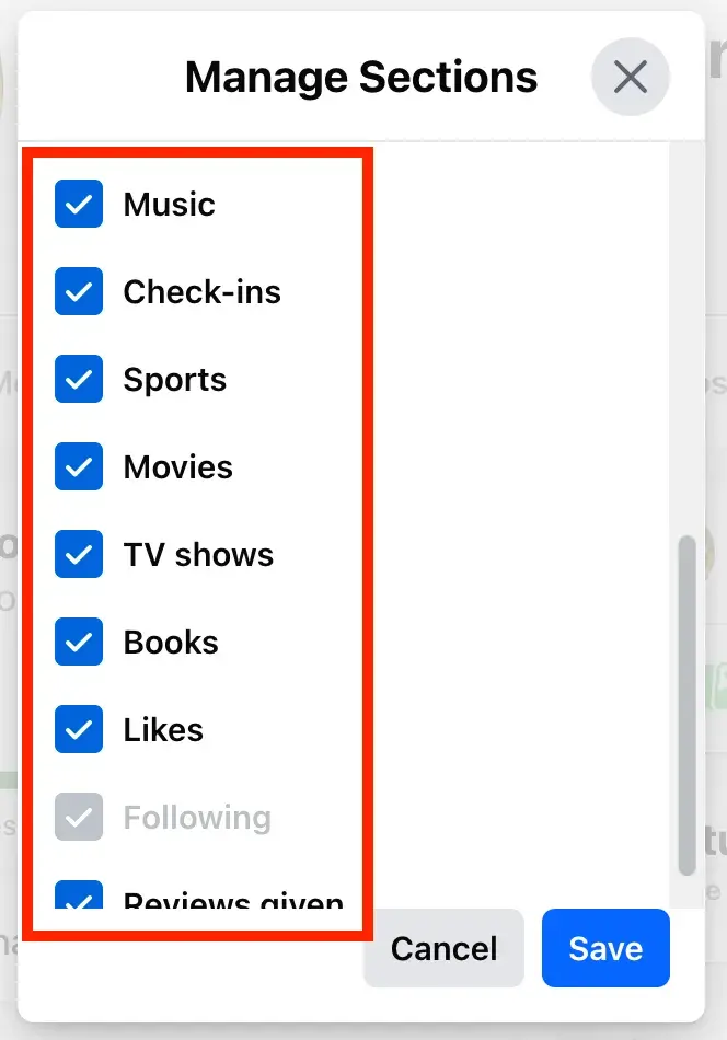 facebook page sections screenshot