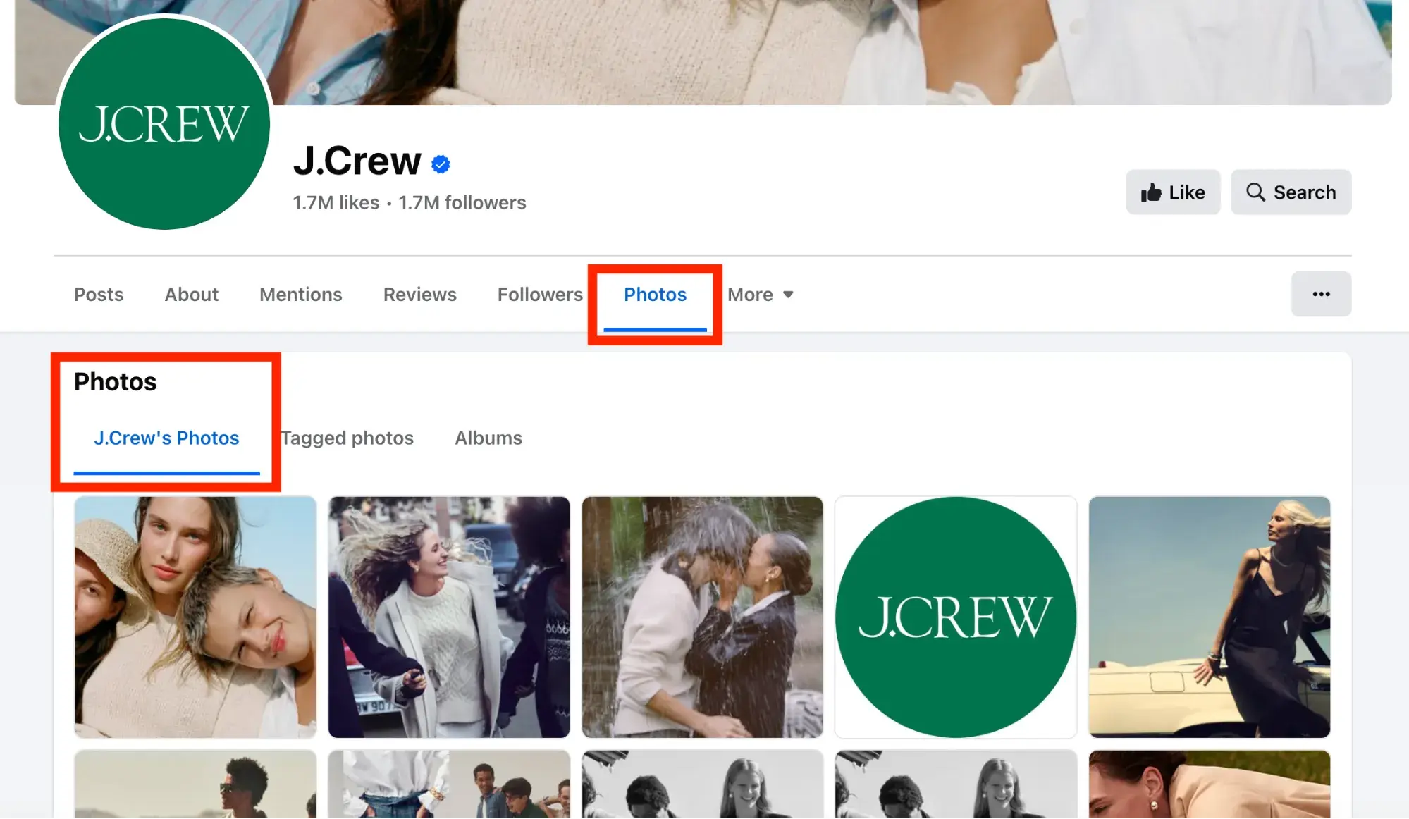 j crew facebook page screenshot