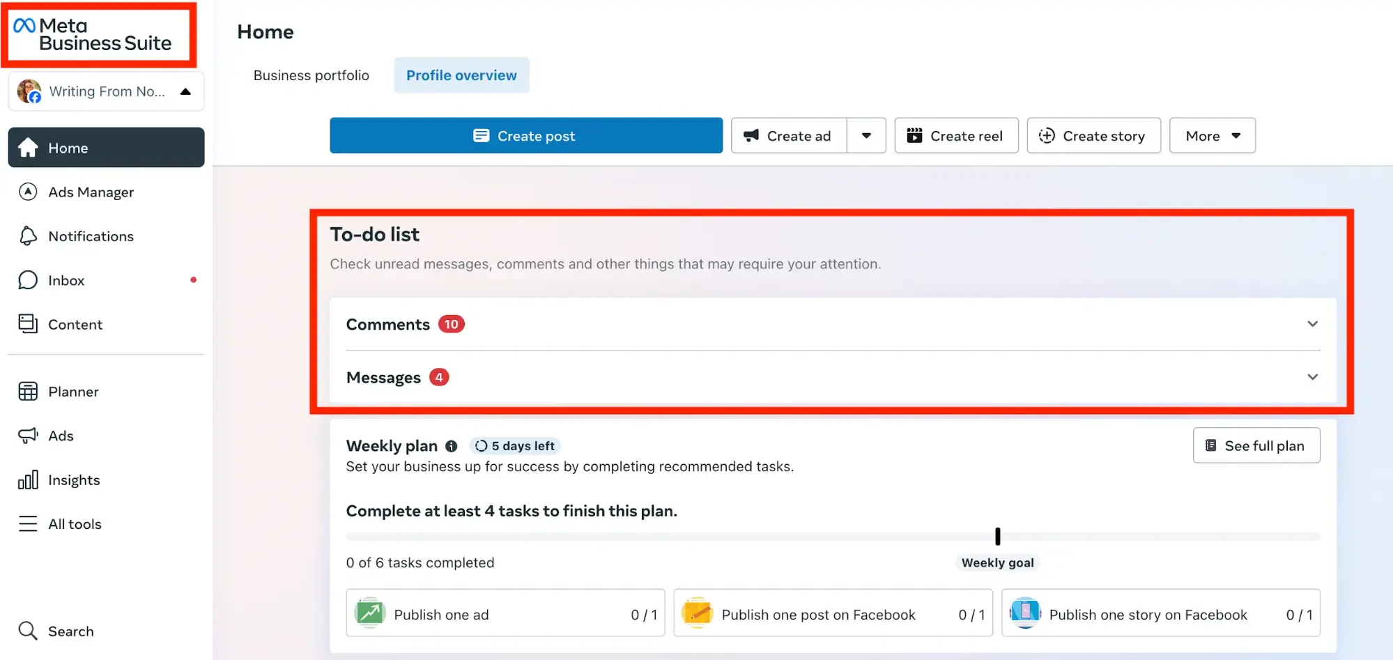 meta business suite to-do list screenshot