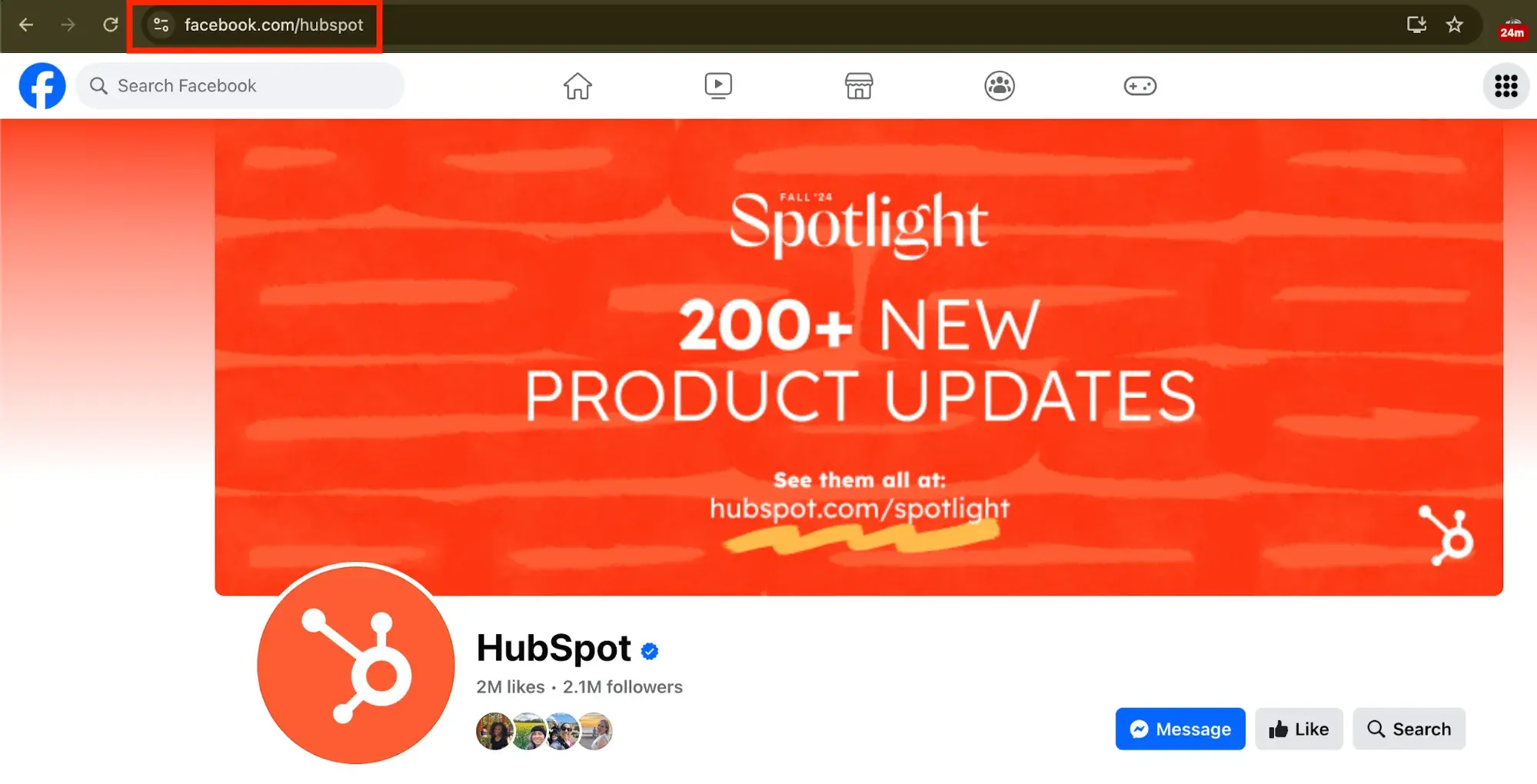 hubspot facebook page screenshot showing custom page url